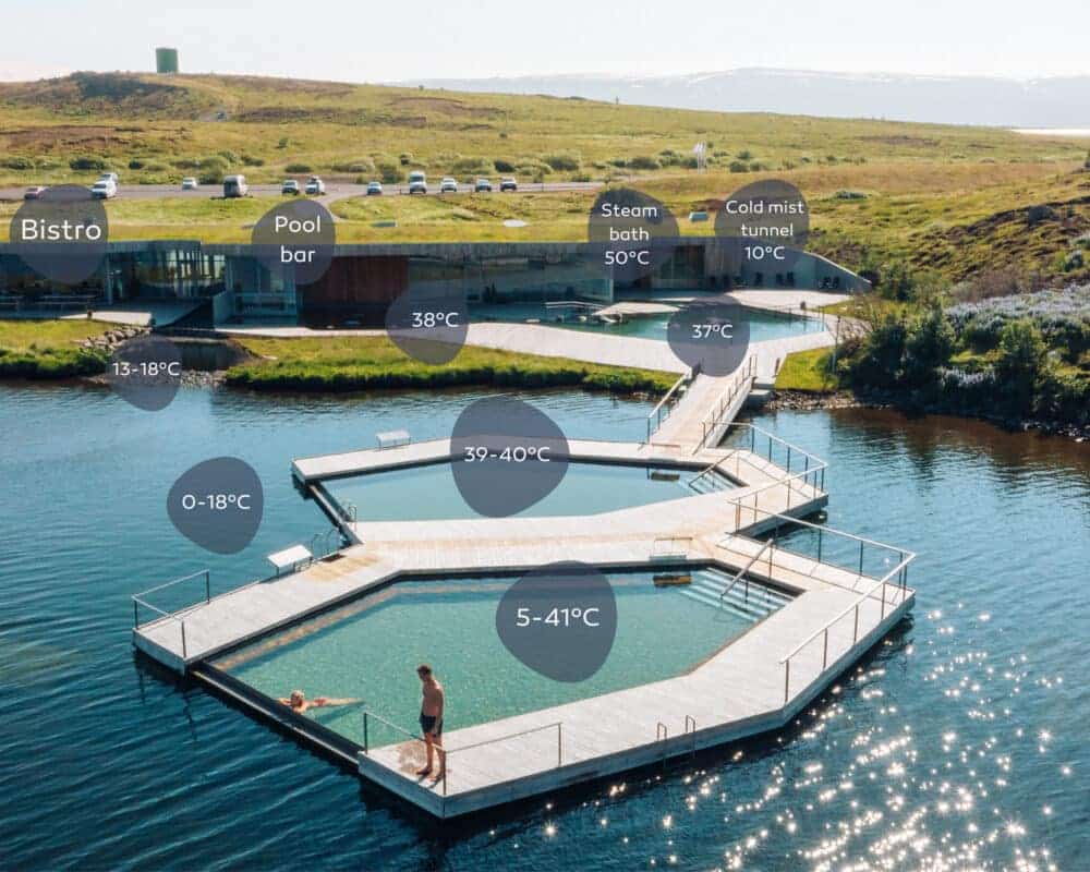 Float in Iceland’s only infinity pools at Vök Baths, with geothermal pools, sauna, and more by the scenic Urriðavatn lake.