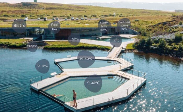 Float in Iceland’s only infinity pools at Vök Baths, with geothermal pools, sauna, and more by the scenic Urriðavatn lake.