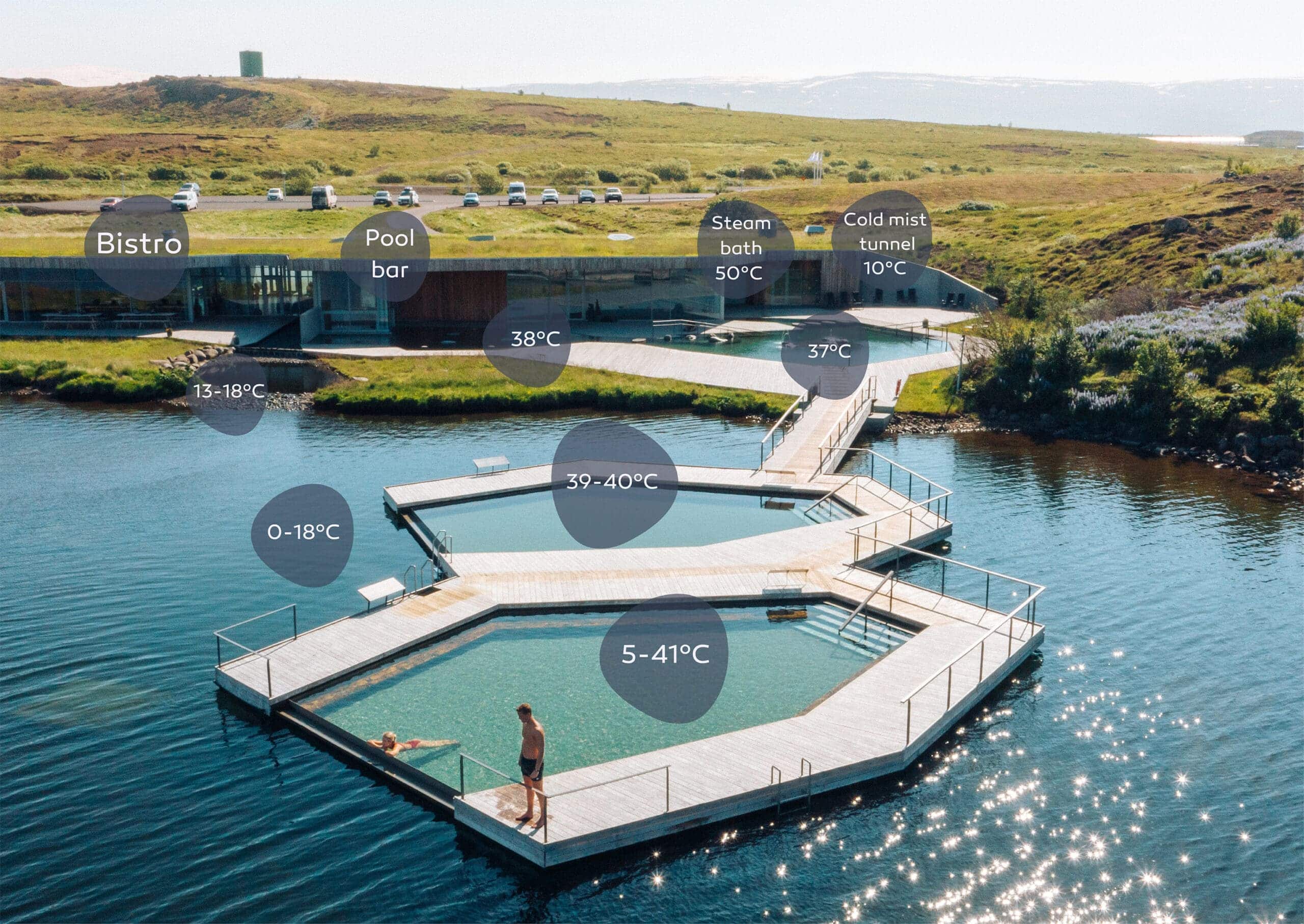 Float in Iceland’s only infinity pools at Vök Baths, with geothermal pools, sauna, and more by the scenic Urriðavatn lake.